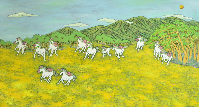 4. 산너머 꽃향기2/ 무리지어 숲을 달리는 말무리를 통해 힘든시기의 희망의 꽃향기가 산너머 가득함을 표현함 4. 산너머 꽃향기2/ 무리지어 숲을 달리는 말무리를 통해 힘든시기의 희망의 꽃향기가 산너머 가득함을 표현함