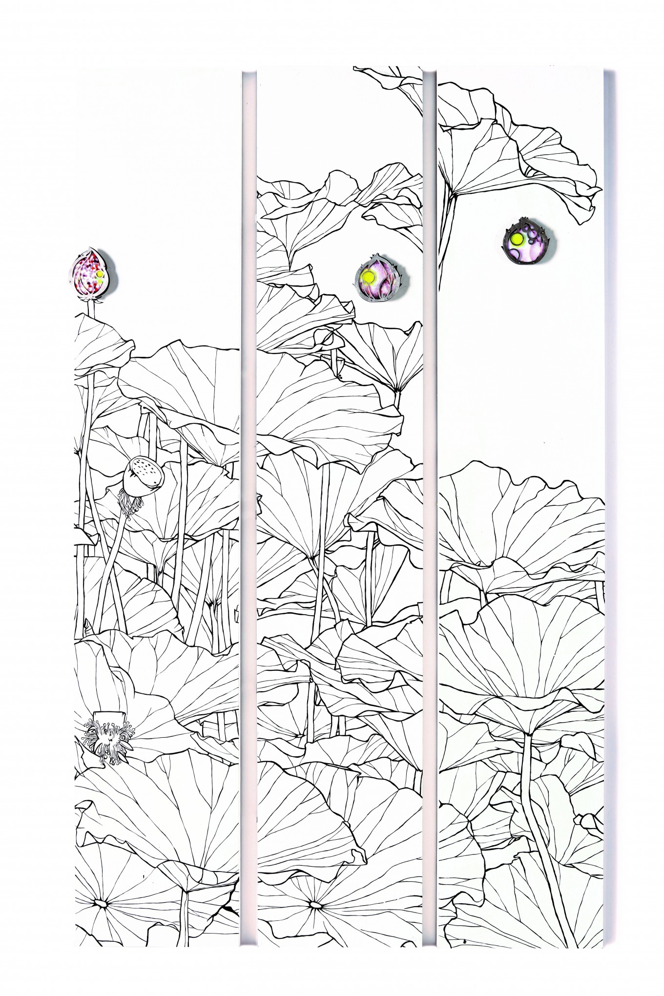 지지않는 꽃 연(蓮) (정은, 적동, 알루미늄, 은박, 칠보, 아크릴, 판넬에 드로잉/ 600X1200mm)