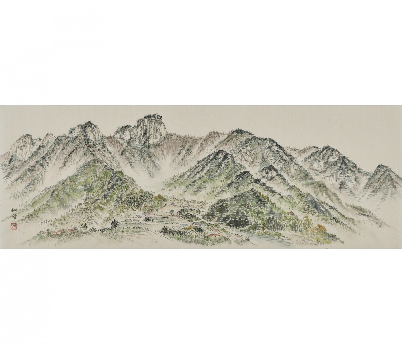 월악산에 봄이오다 100×36cm 한지에 수묵담채