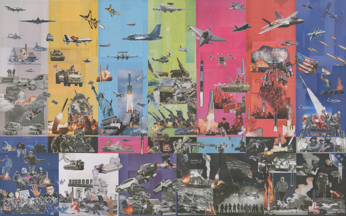 화면조정시간_나무 패널에 장지, 신문 콜라주_100x160.6cm_2020