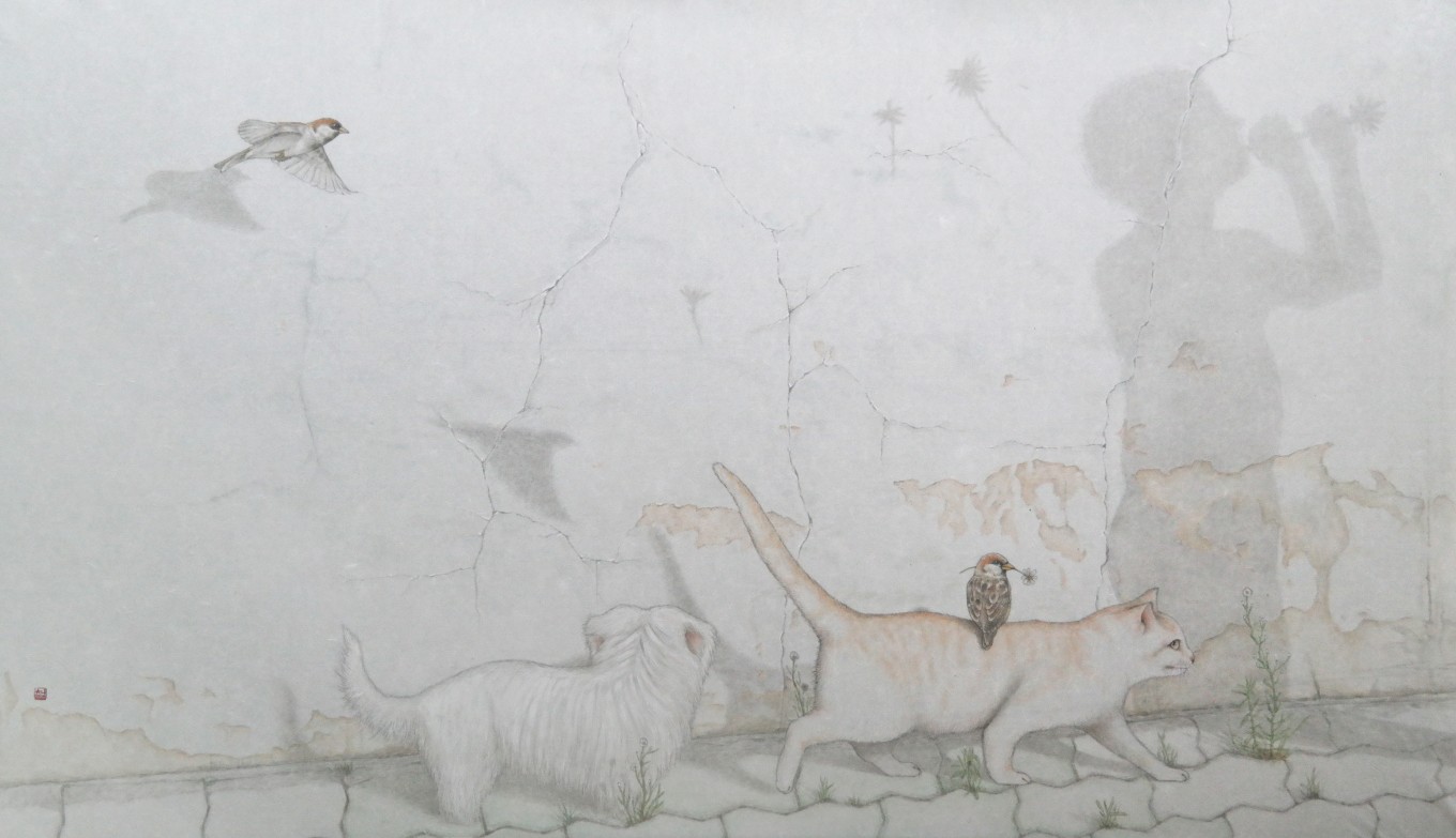 自畵 18-02. 사랑 부는 사람 | 사랑을 먼저 체험한 인간이, 다른 동물들에게 사랑을 전하는 모습. 그림 속 모든 동물들은 서로 천적 간.